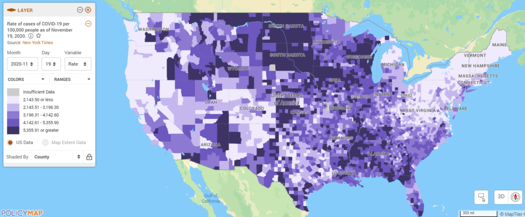 Map of United States displays the rate of COVID-19 cases by county per 100,000 people as of November 19th, 2020. There are higher rates in North Dakota and South Dakota.